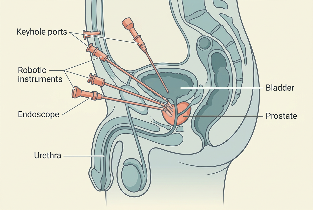 Robotic prostatectomy in progress with the surgeon operating the da Vinci console for nerve-sparing removal of the prostate